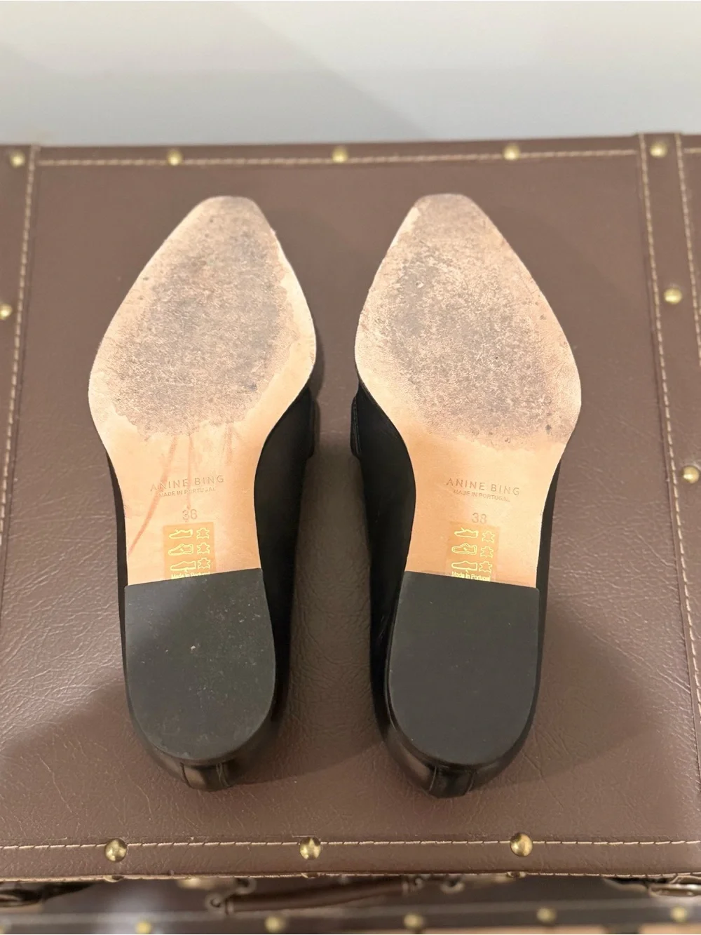 Anine Bing Black Pointed Leather Loafers with Gold Hardware